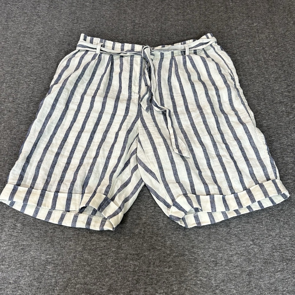 Chico's 100% Linen Bermuda Shorts Size 2 US 12 White Blue Striped Coastal